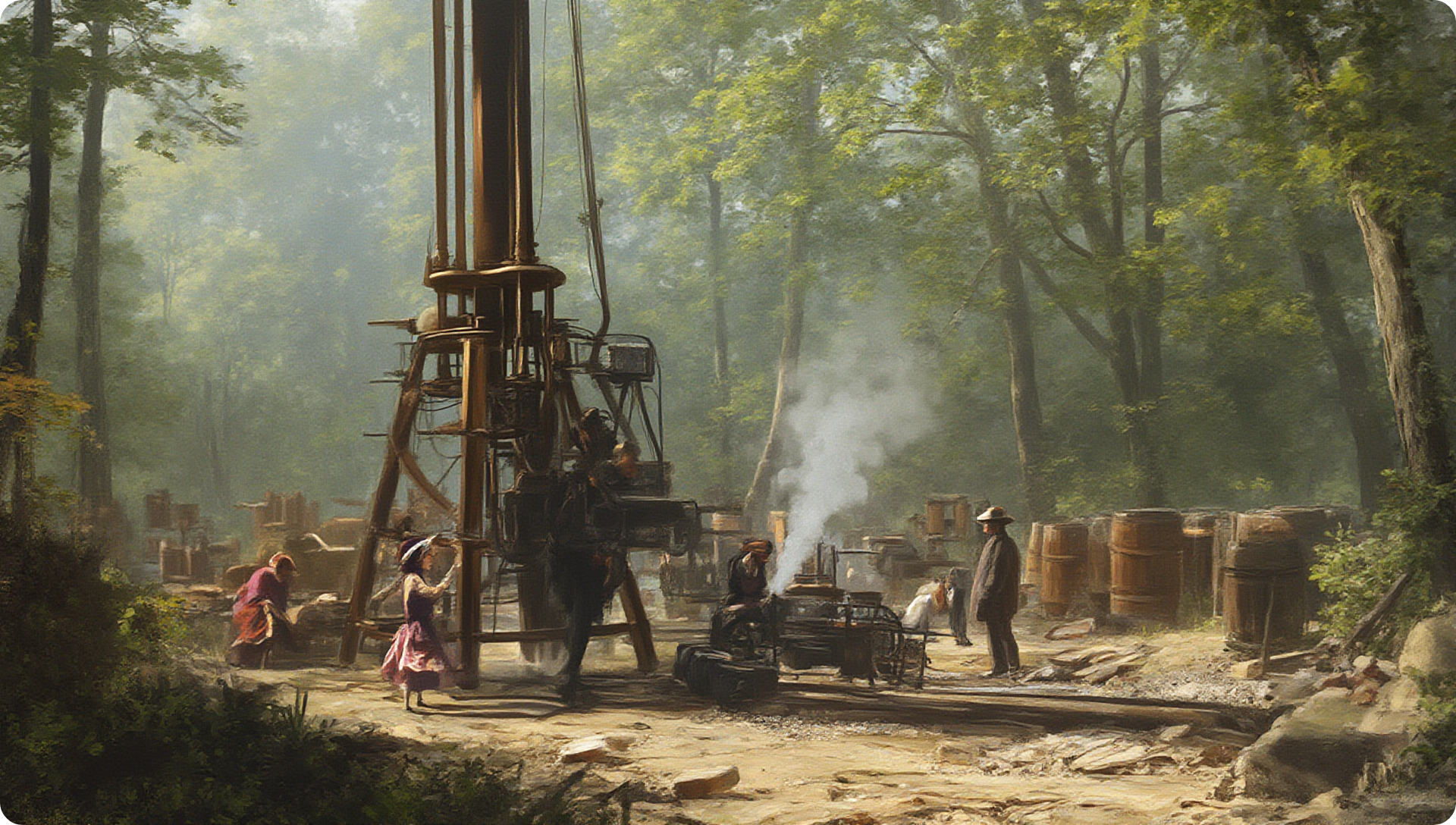 A scene depicting the first modern oil drilling in 1859, set in the forested landscape of Pennsylvania. Steam-powered drilling equipment is in operation, surrounded by workers dressed in period clothing. Oil seeps from the ground, flowing into wooden barrels and equipment scattered around the site. Soft morning sunlight filters through the trees, illuminating the early industrial activity.