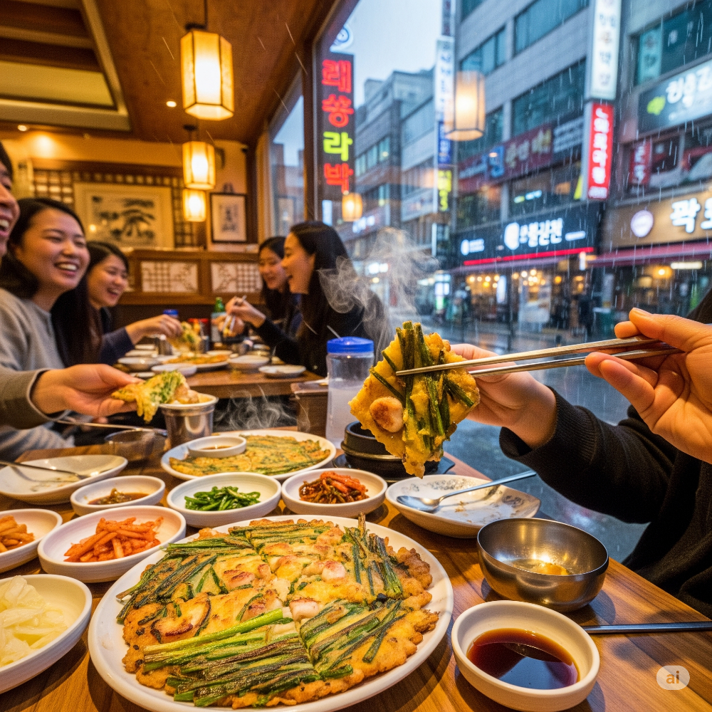비오는 날 파전 먹는 사람들
