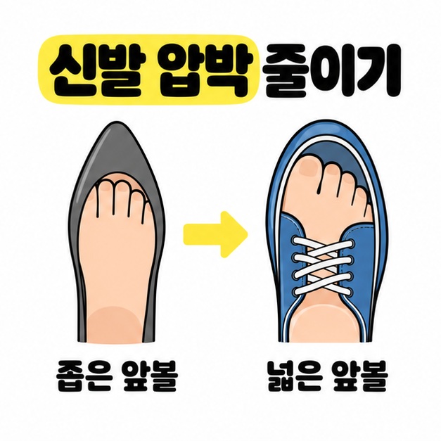 좁은 앞볼 신발에서 넓은 앞볼 신발로 바꾸어 압박을 줄이는 모습을 화살표로 비교한 그림