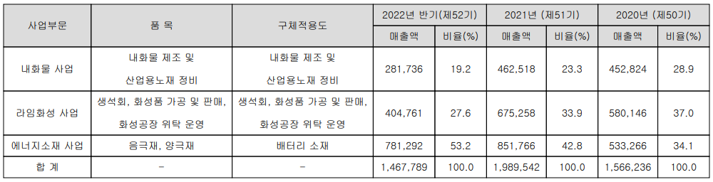 포스코케미칼 - 주요 사업 부문 및 제품 현황(2022년 상반기)