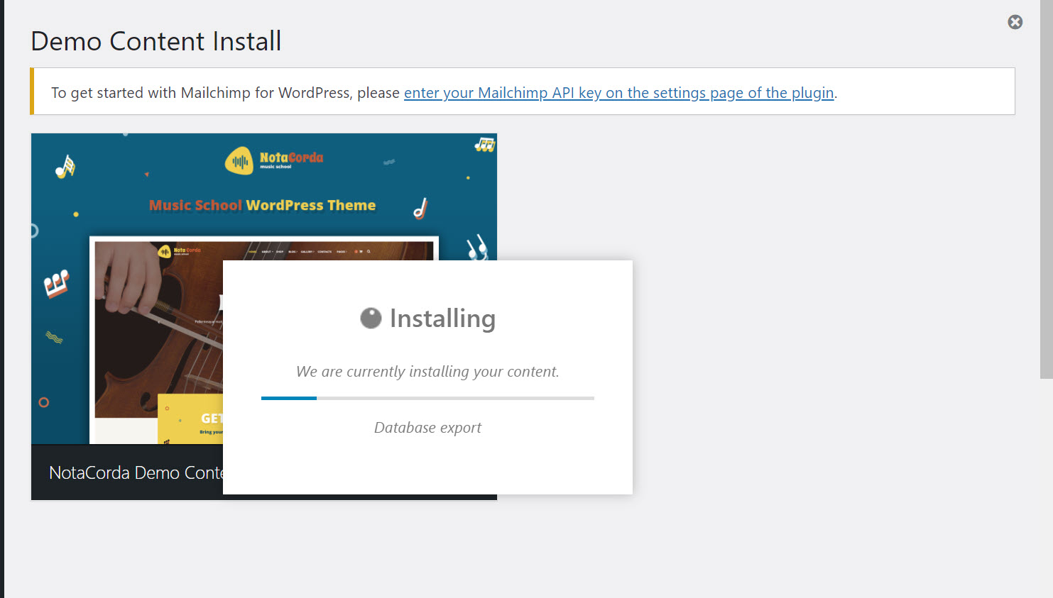 워드프레스 NotaCorda 테마 데모 설치 방법 - 설치 진행 중