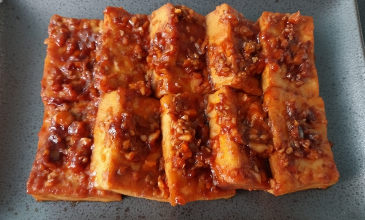 고급스러운접시에 담긴 매콤하고 짭조름한 한국식 두부조림 요리, 정갈하게 조리된 대파와 통깨가 올라가 있음.