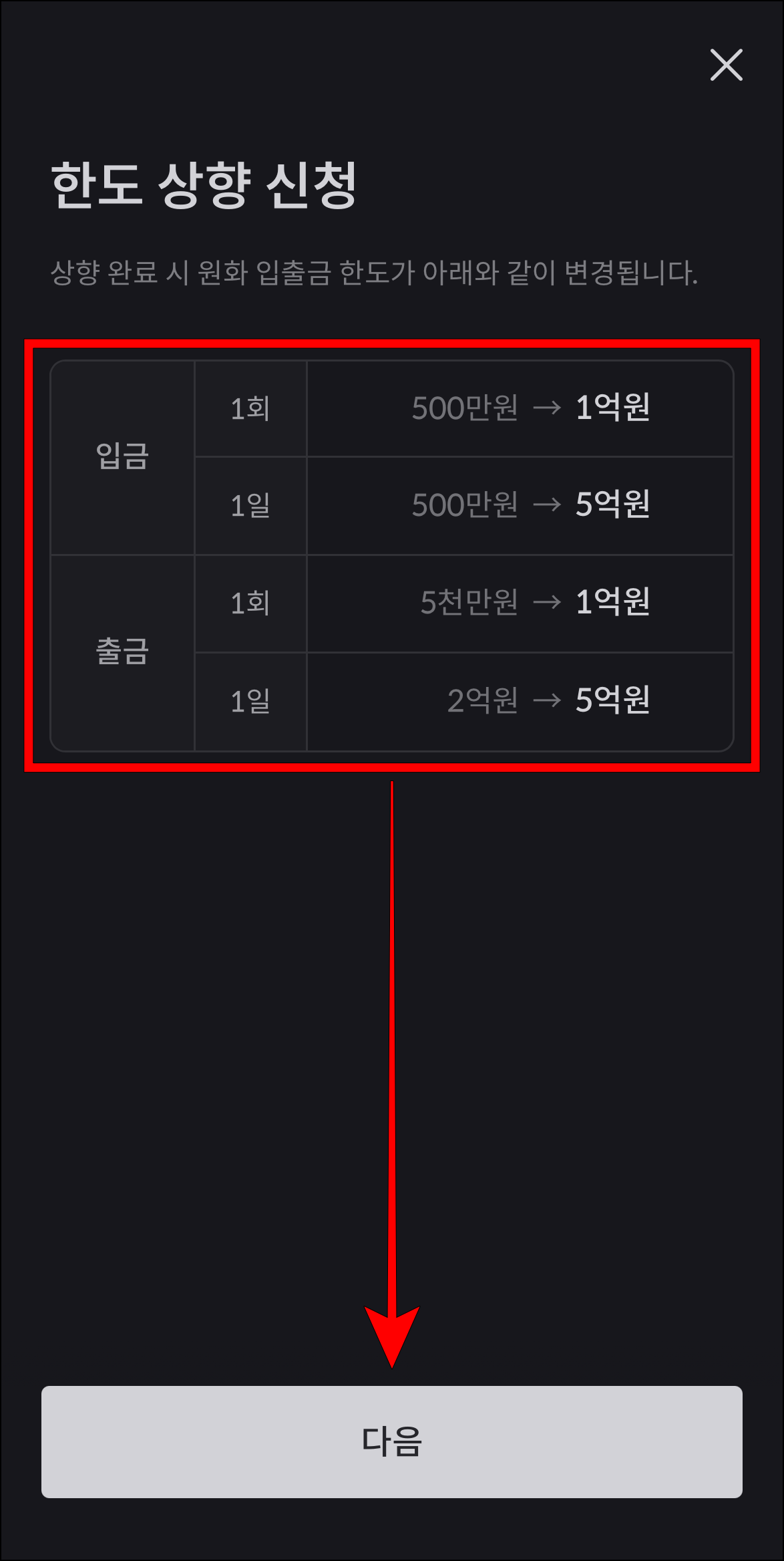 한도 정보를 확인하고, 다음을 선택