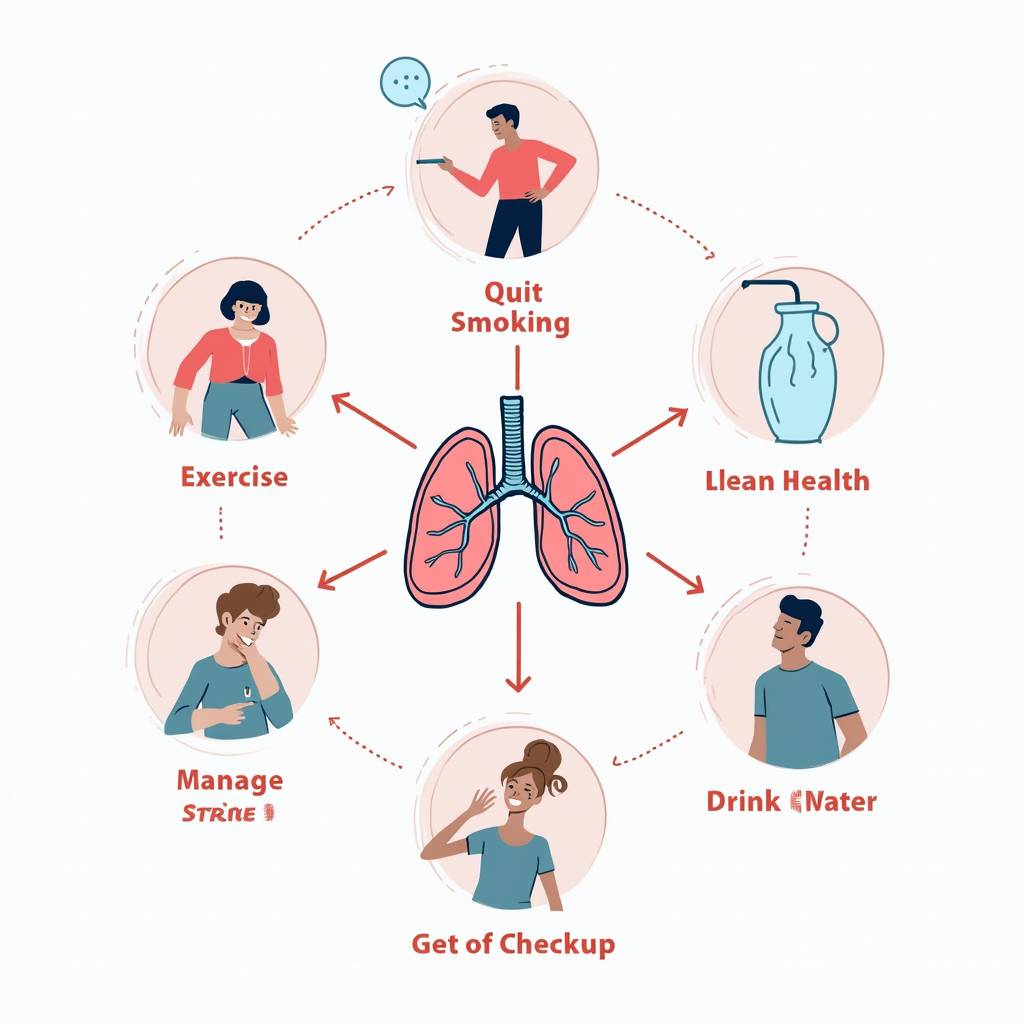 폐 건강을 위한 일상 습관을 보여주는 일러스트레이션. 금연, 운동, 공기청정, 수분 섭취, 스트레스 관리, 건강검진을 나타내는 아이콘들이 원형으로 배치되어 있습니다.