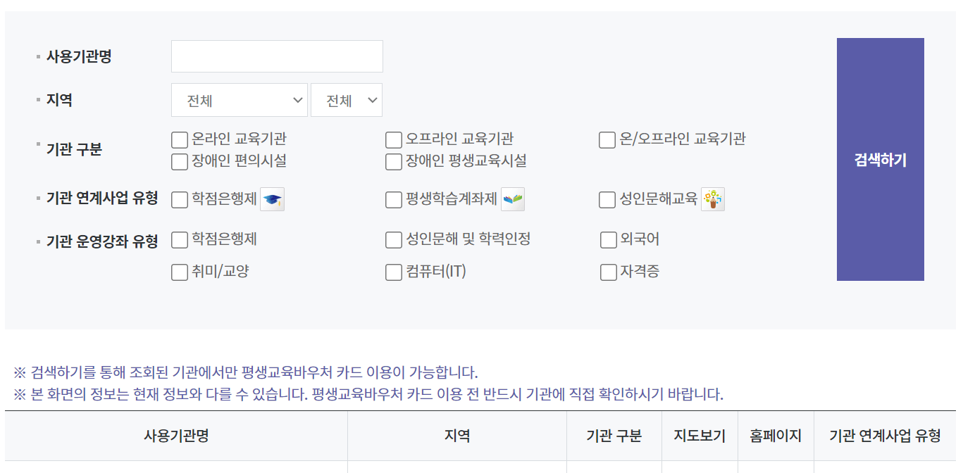 평생교육바우처 사용기관 및 사용처