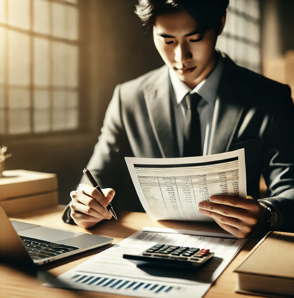 세무 전문가가 세금 보고서를 검토하는 모습