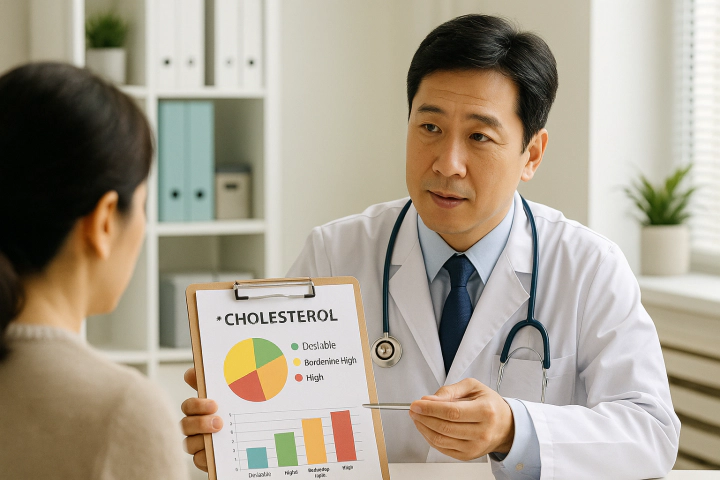 의사가 콜레스테롤 수치를 설명하는 장면
