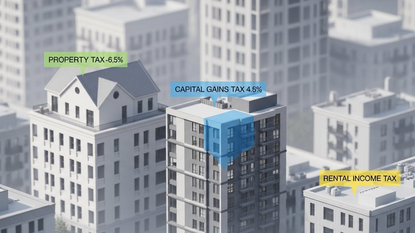 도시 풍경과 부동산 세금 카테고리를 보여주는 그래픽