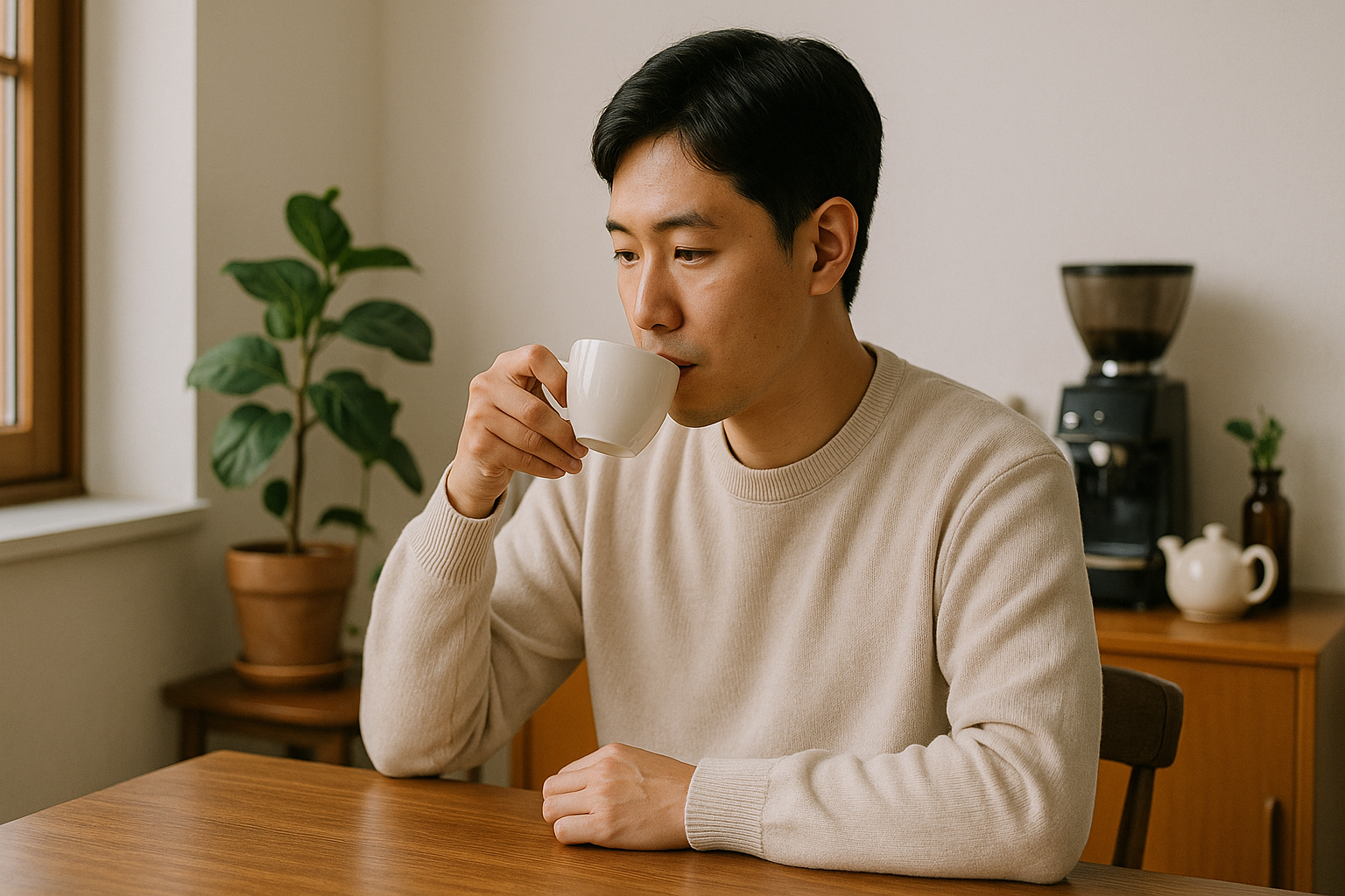 집 안 홈카페에 앉아 커피를 마시는 남성