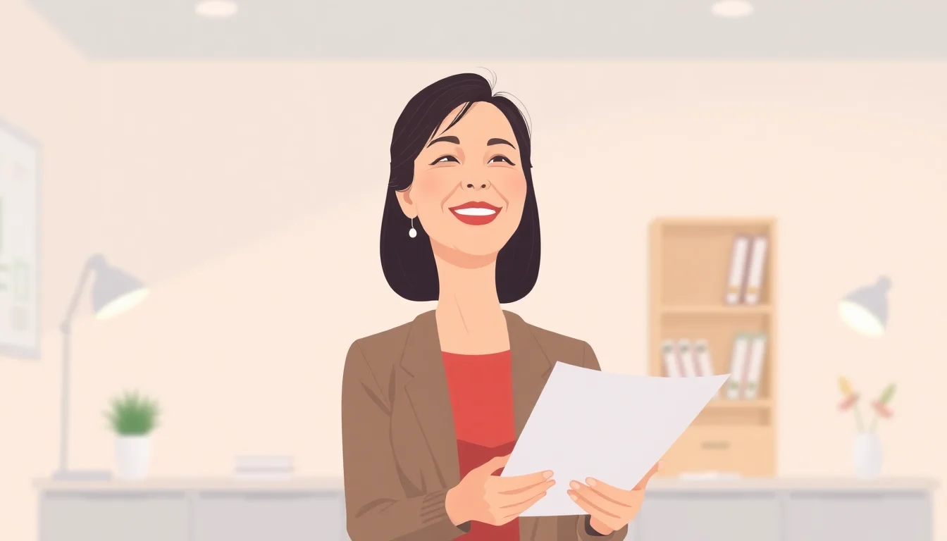 밝게 웃으며 서류를 들고 있는 여성