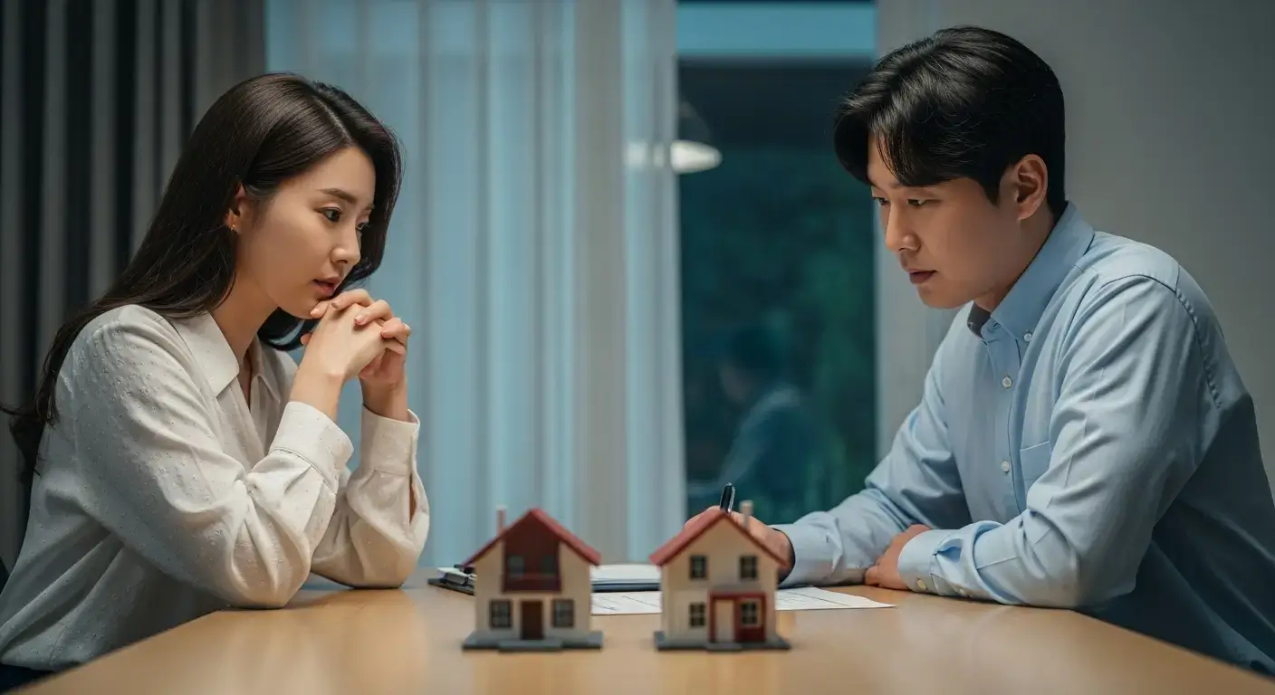 기존 집과 새 집 모형을 앞에 두고 일시적 2주택 대출 문제를 상의하는 한국인 부부