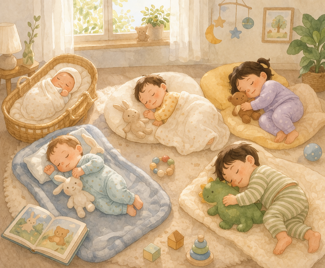 Babies of different ages napping peacefully in a cozy room, illustrating a gentle guide to sleep schedules and nap routines from newborn to toddler age.