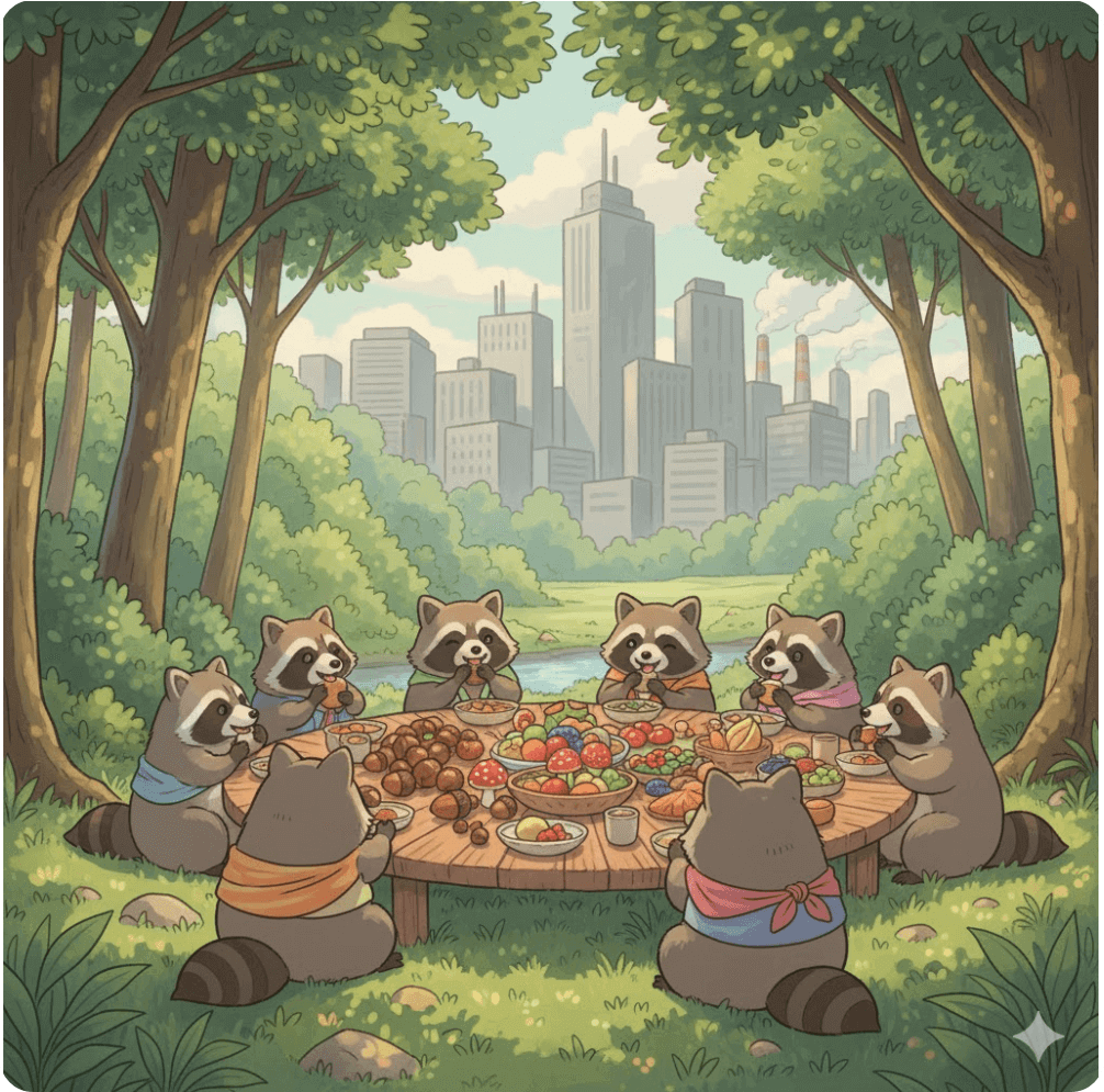 alt="숲 속 나무 식탁에 둘러앉은 너구리들이 도토리와 버섯을 나누는 장면. 멀리 도시가 보이며 자연의 풍요와 개발의 대비를 표현한 따뜻한 일러스트."