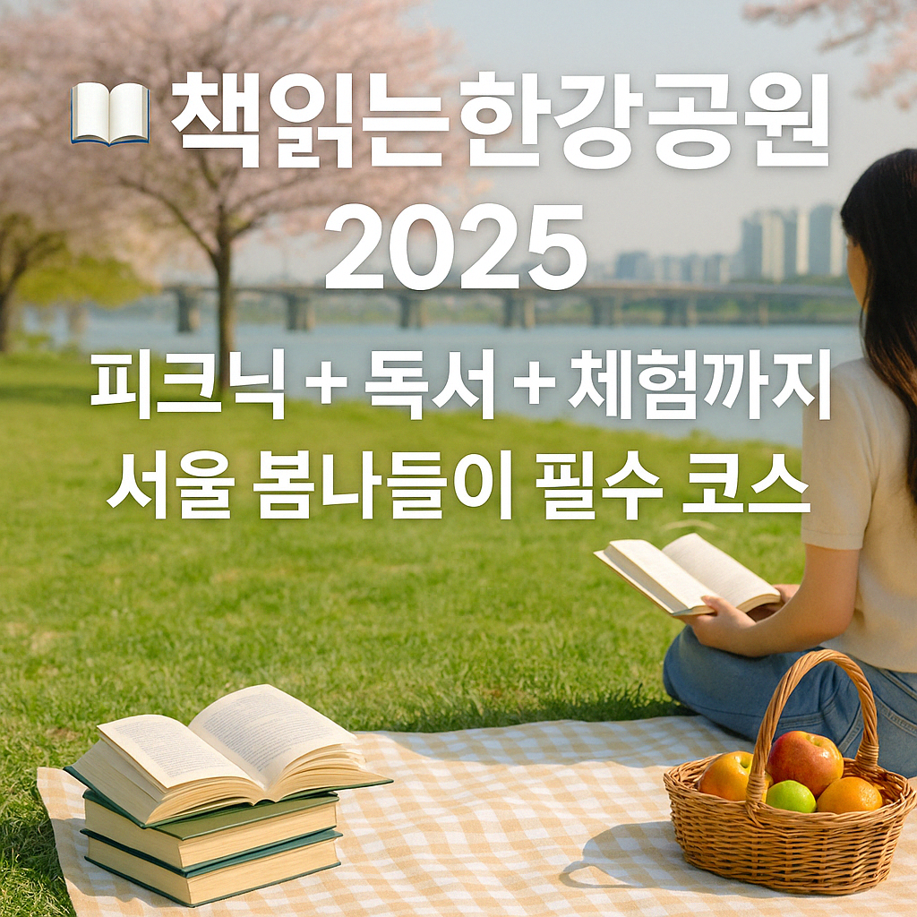 2025 책읽는 한강공원 행사 썸네일 이미지로, 벚꽃이 피어난 한강공원에서 돗자리에 앉아 책을 읽는 여성과 피크닉 풍경이 담긴 봄나들이 장면
