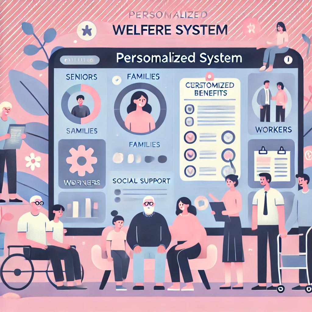 따뜻한 파스텔 톤과 다양한 사용자(노인, 가족, 근로자 등)가 디지털 기기를 통해 맞춤형 서비스를 받는 장면