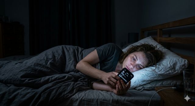 잠이 안 올 때 스마트폰을 보며 뒤척이는 수면 문제 상황