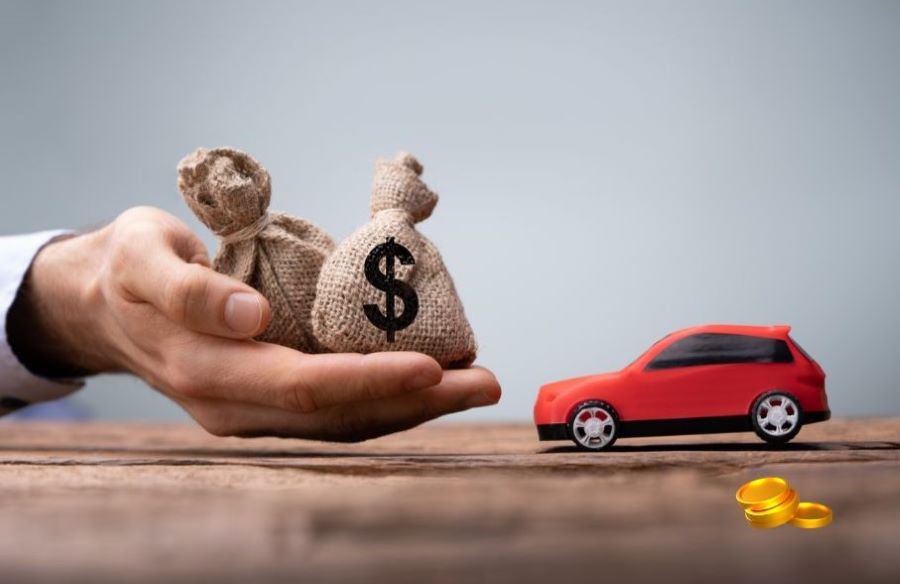Hand protecting money bags with dollar sign next to red toy car and gold coins, representing financial protection and smart money decisions via canva