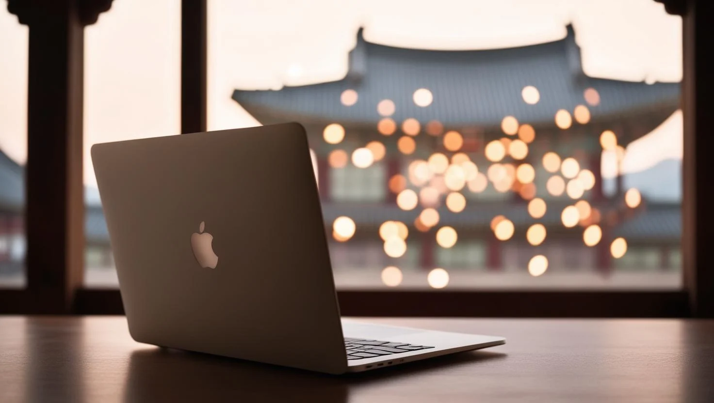 궁을 배경으로 한 맥북 사진