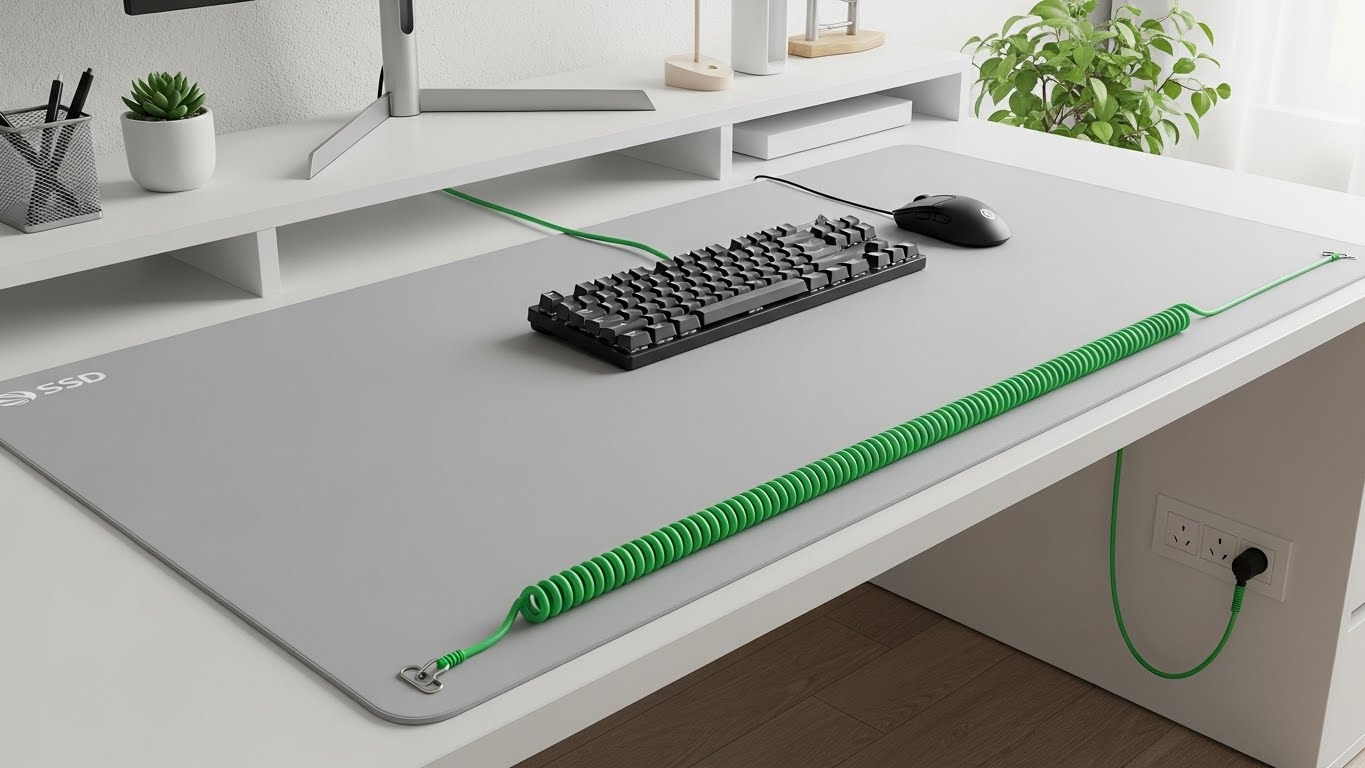 접지선이 연결된 책상 위 제전 패드(마우스 장패드)