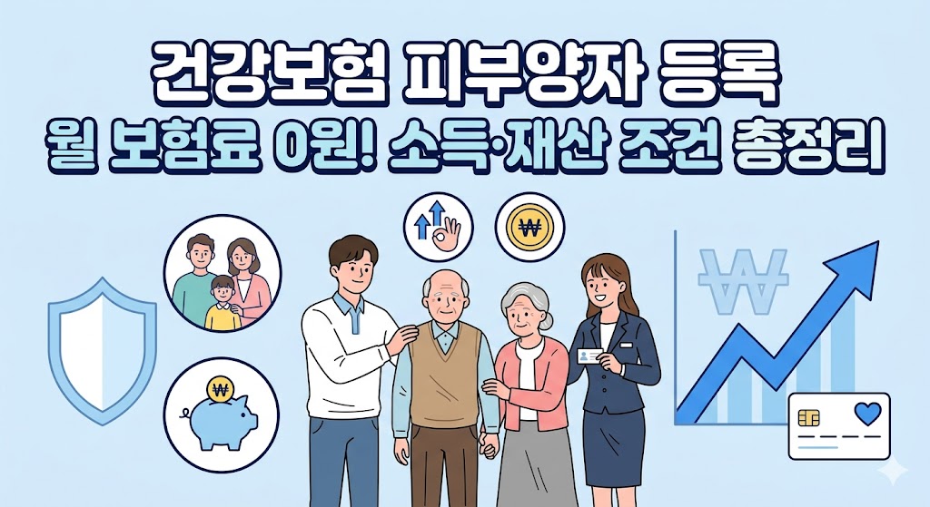 건강보험 피부양자 등록을 통해 월 보험료를 0원으로 줄이고, 소득 및 재산 조건을 확인하는 방법을 안내하는 정보성 이미지