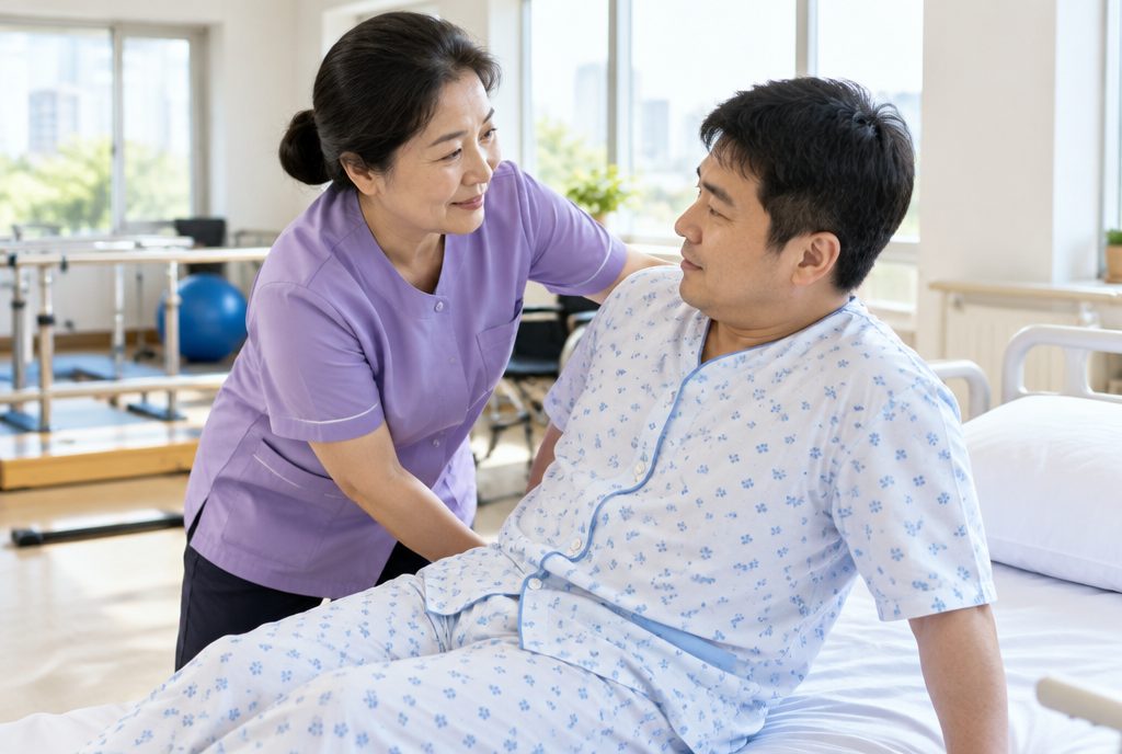 간병인이 편마비 환자의 일어나 앉기를 돕는 모습