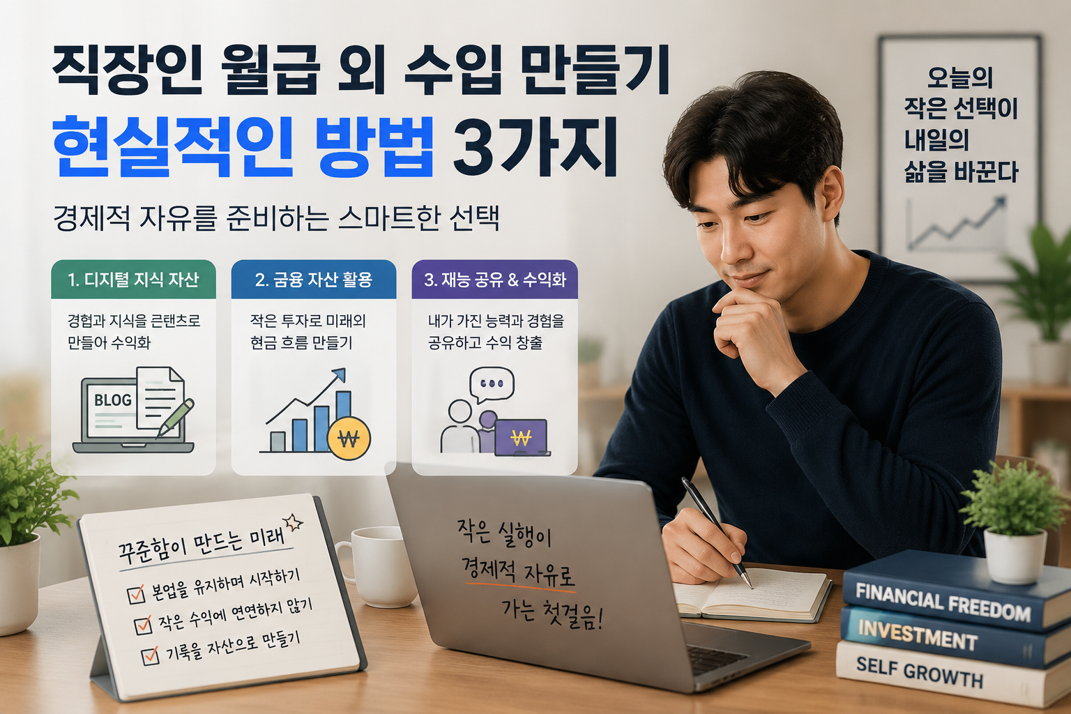 직장인이 월급 외 수입 파이프라인을 준비하며 경제적 자유를 계획하는 모습