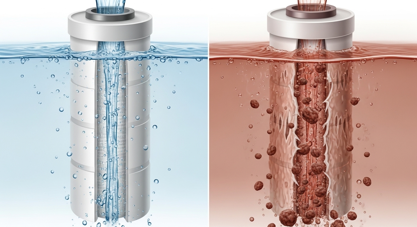 깨끗한 물을 거르는 온전한 정수기 필터와 이물질이 새어 나오는 망가진 정수기 필터를 비교한 그림