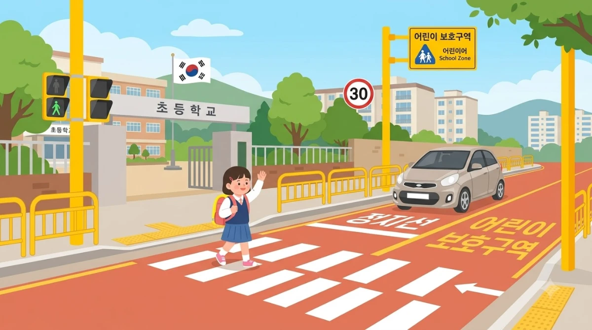 한국인 어린이가 어린이보호구역 횡단보도를 건너고 있고, 그 앞에서 차량이 정지선에 멈춰 서 있는 장면.