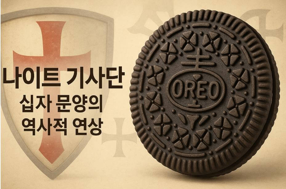 기사단 십자 문양과 오레오 문양을 비교한 상징적 이미지.