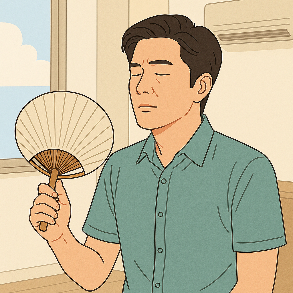 에어컨 대신 부채질 하고 있는 모습