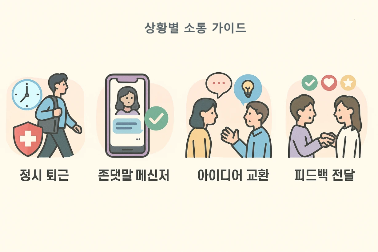 MZ직원과의 상황별 소통 가이드를 나타낸 일러스트