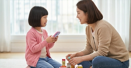 아이가 장난감 두 개를 들고 고민하는 모습