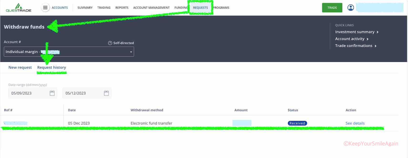 퀘스트레이드에서 출금신청 확인하기
