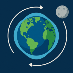 중앙에는 푸른색의 지구가 배치되어 있으며, 그 주위를 회전하는 회색빛 달이 있습니다.
