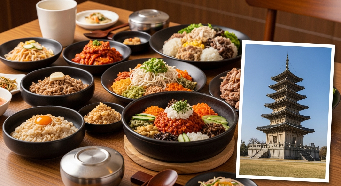 경주의 대표 음식인 화려한 쌈밥 한상과, 그 곁에 놓인 아름다운 다보탑 그림 엽서가 어우러진, 눈과 입이 함께 즐거운 맛있는 국보 여행의 한 장면.