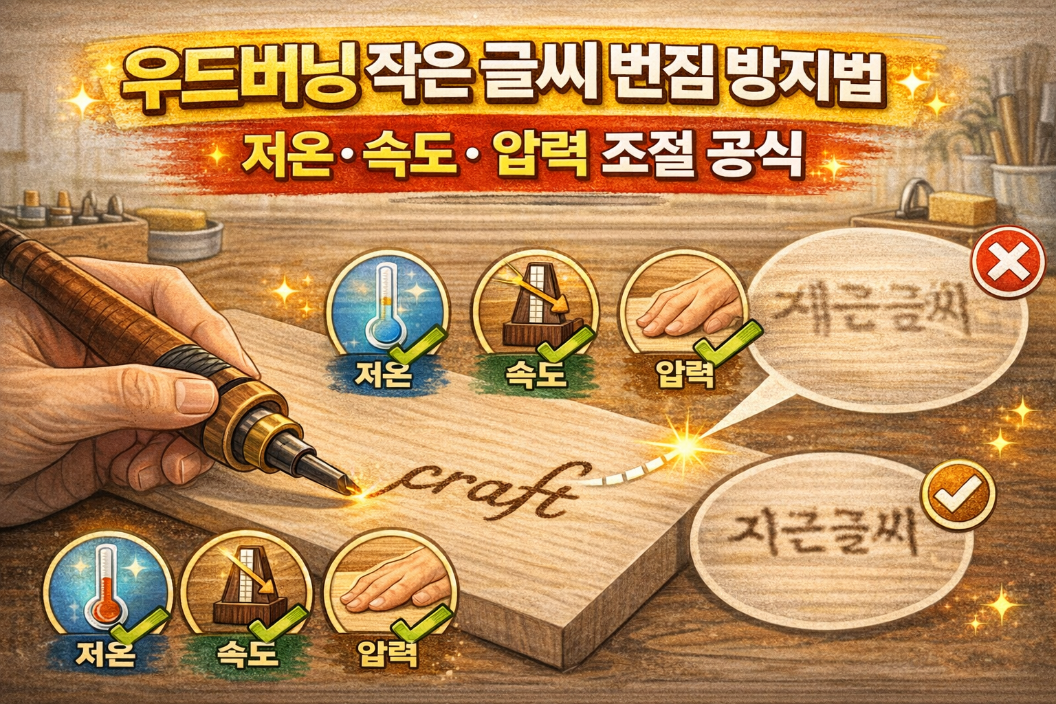 우드버닝 작은 글씨 번짐 방지법-저온 · 속도 · 압력 조절 공식