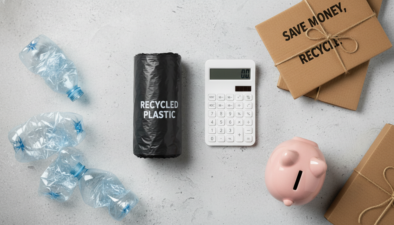 종량제봉투와 계산기, 그리고 깔끔하게 압축된 재활용품들로 표현한 생활비 절약 팁