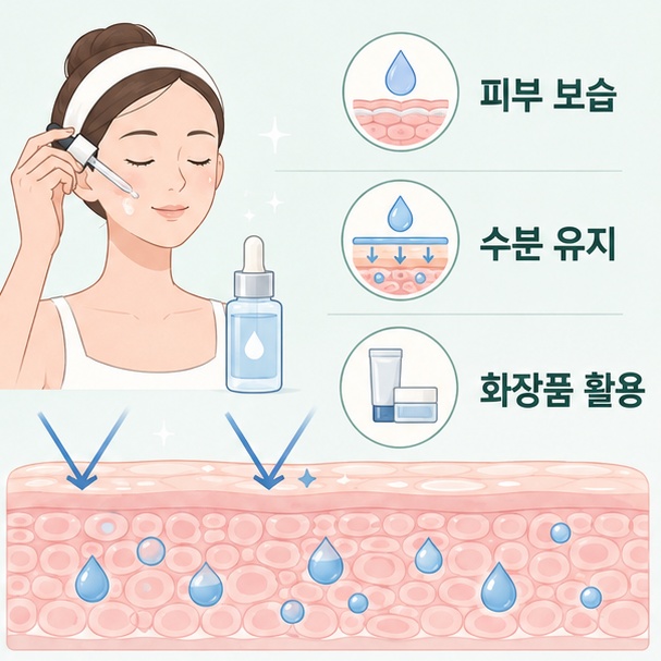 히알루론산 화장품을 피부에 바르고 피부 수분을 유지하는 모습을 보여주는 그림