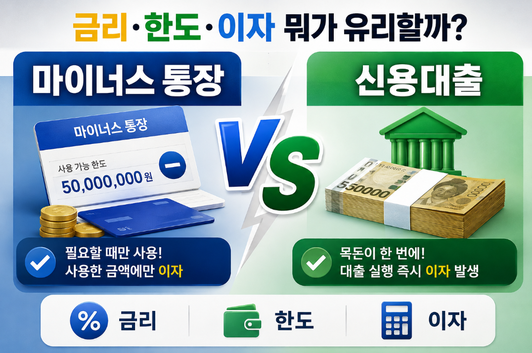 마이너스 통장 vs 신용대출 차이, 금리·한도·이자 완벽 비교
