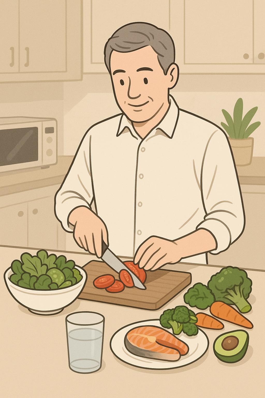 전립선질환을 예방할 수 있는 음식을 준비하는 중년남성의 모습 만화체 그림