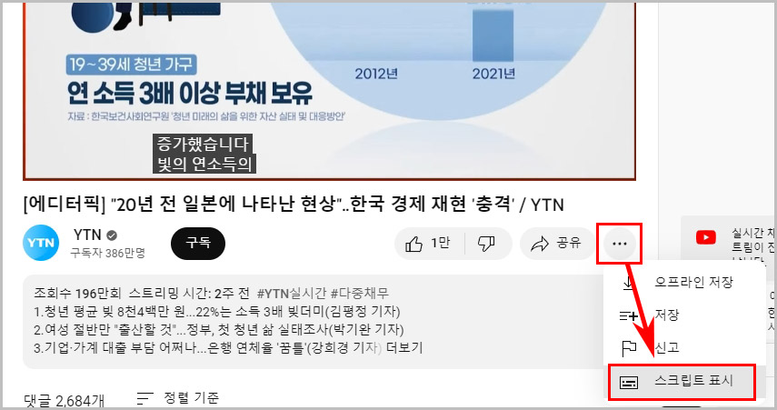 유튜브 스크립트 표시