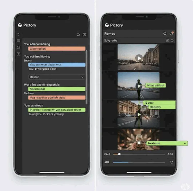 &lsquo;Pictory의 모바일 기반 AI 영상 편집 기능&rsquo;을 보여주는 이미지. 왼쪽 화면은 텍스트 기반 스크립트 편집 인터페이스, 오른쪽 화면은 영상 장면이 자동 구성된 프리뷰 화면으로, 영상 제작 초보자도 쉽게 편집할 수 있는 Pictory의 대표 기능을 시각적으로 설명함 (Pictory AI, text-based video editor, mobile video automation)