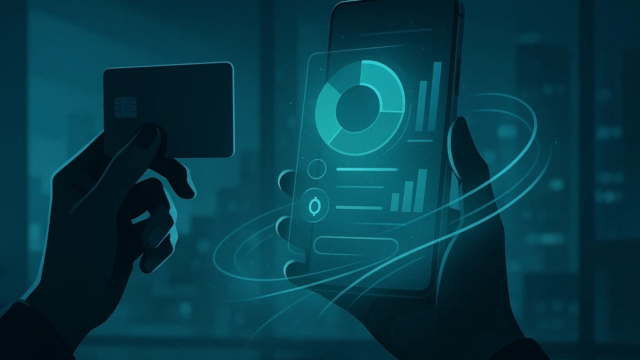 신용카드와 스마트폰을 든 손, 금융 앱 화면이 보이는 모습으로 긴급자금 마련의 현대적 방법들을 시각화