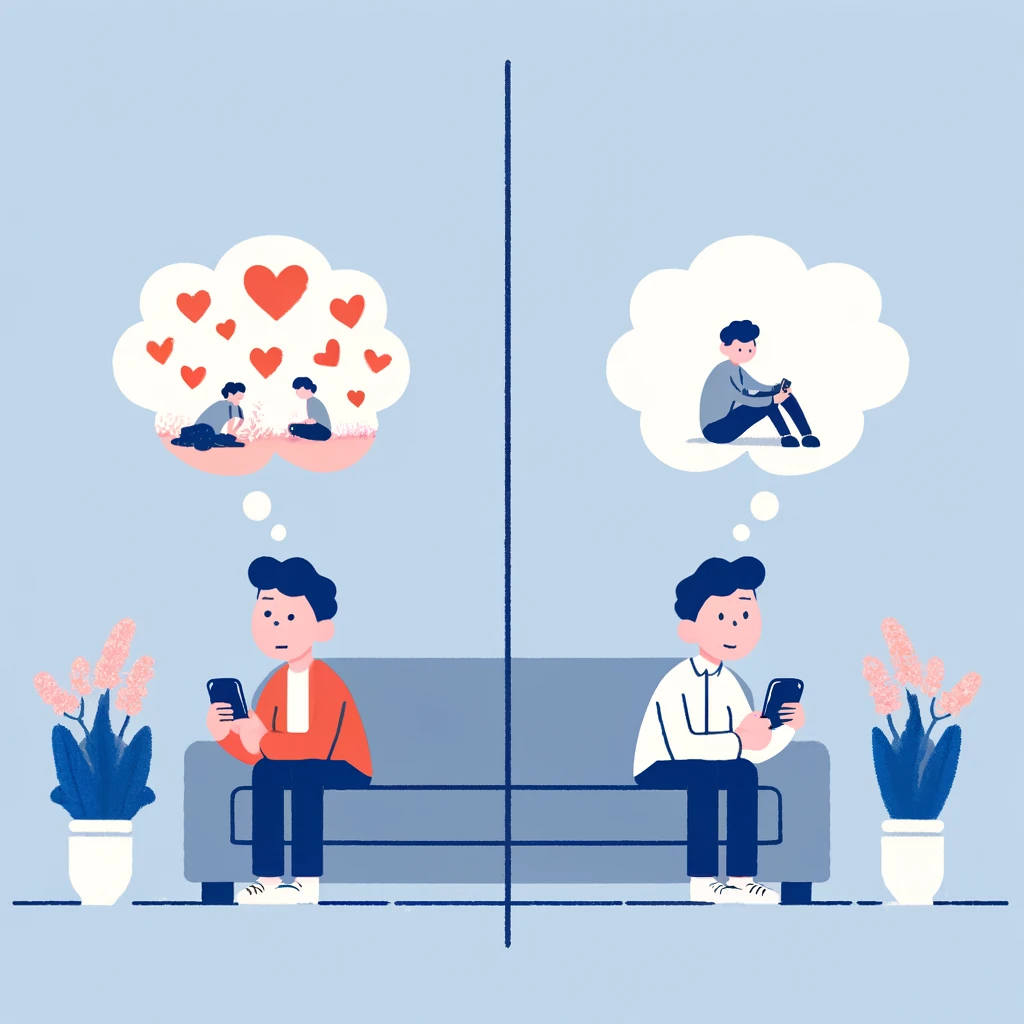 관계에 대한 기대와 현실의 개념을 일러스트로 표현한 이미지