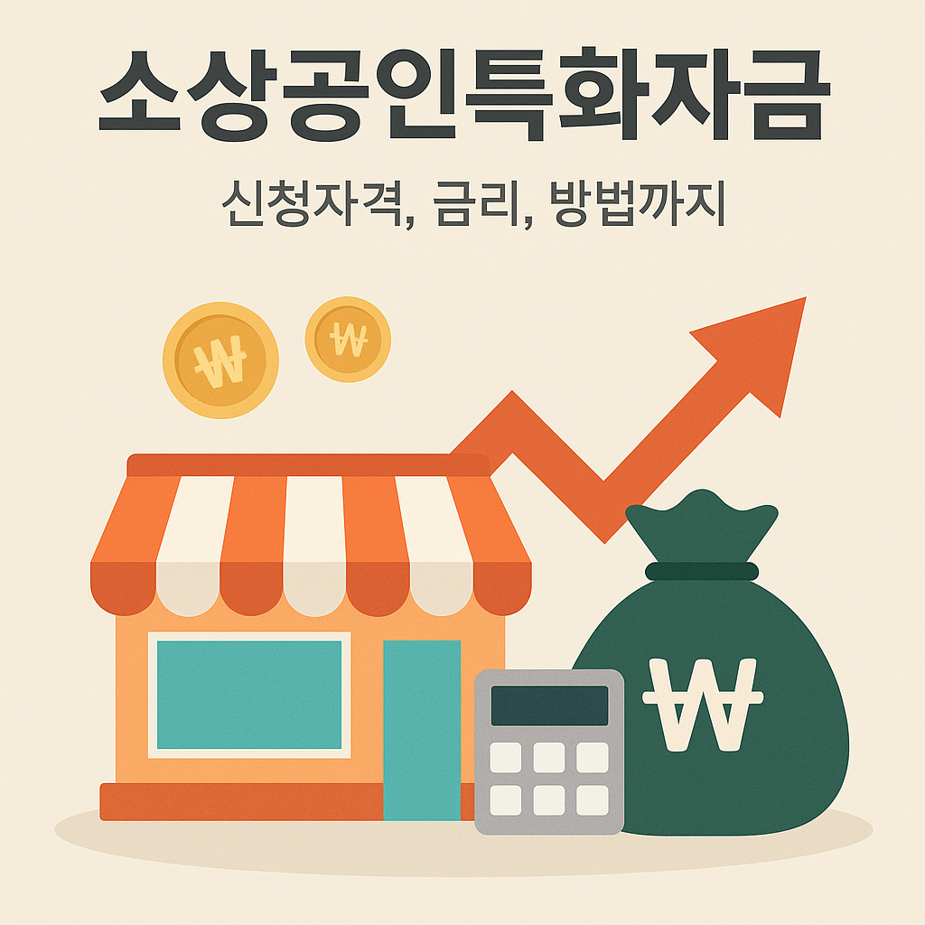 돈보따리 계산기 가게와 위로향하는 화살표를 표현하고 소상공인특화자금 신청자격, 금리, 방법까지
