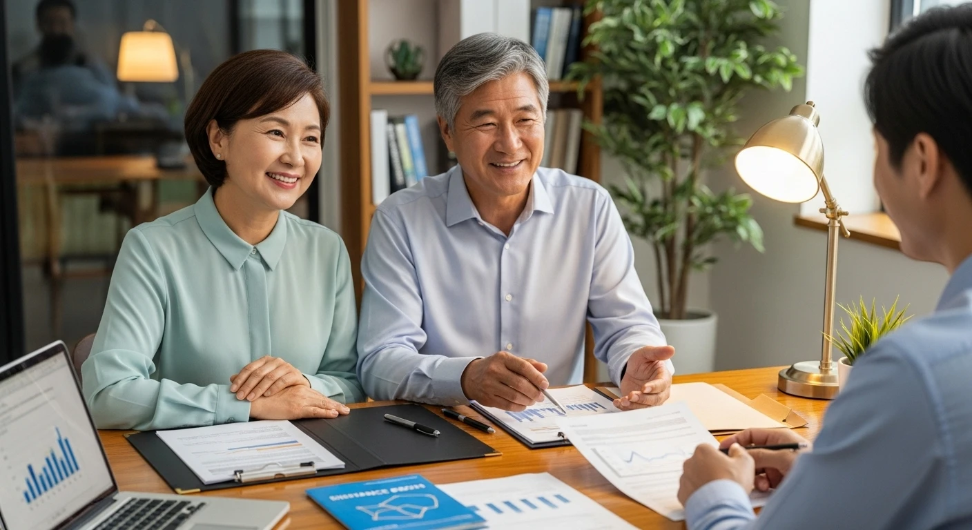 55세-이상-부부가-보험-설계사에게-사망-보험금-상담을-받는-AI-이미지-평화롭고-여유로운-분위기