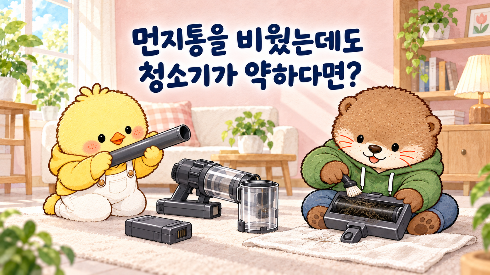 전원을 끈 무선청소기의 바닥 흡입구와 분리한 연장관을 점검하는 내용이 포함된 글