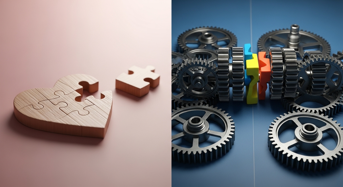 F유형과 T유형의 스트레스 버튼 비교. 깨진 하트 모양은 관계의 스트레스를, 멈춰버린 톱니바퀴는 논리적 스트레스를 상징한다.