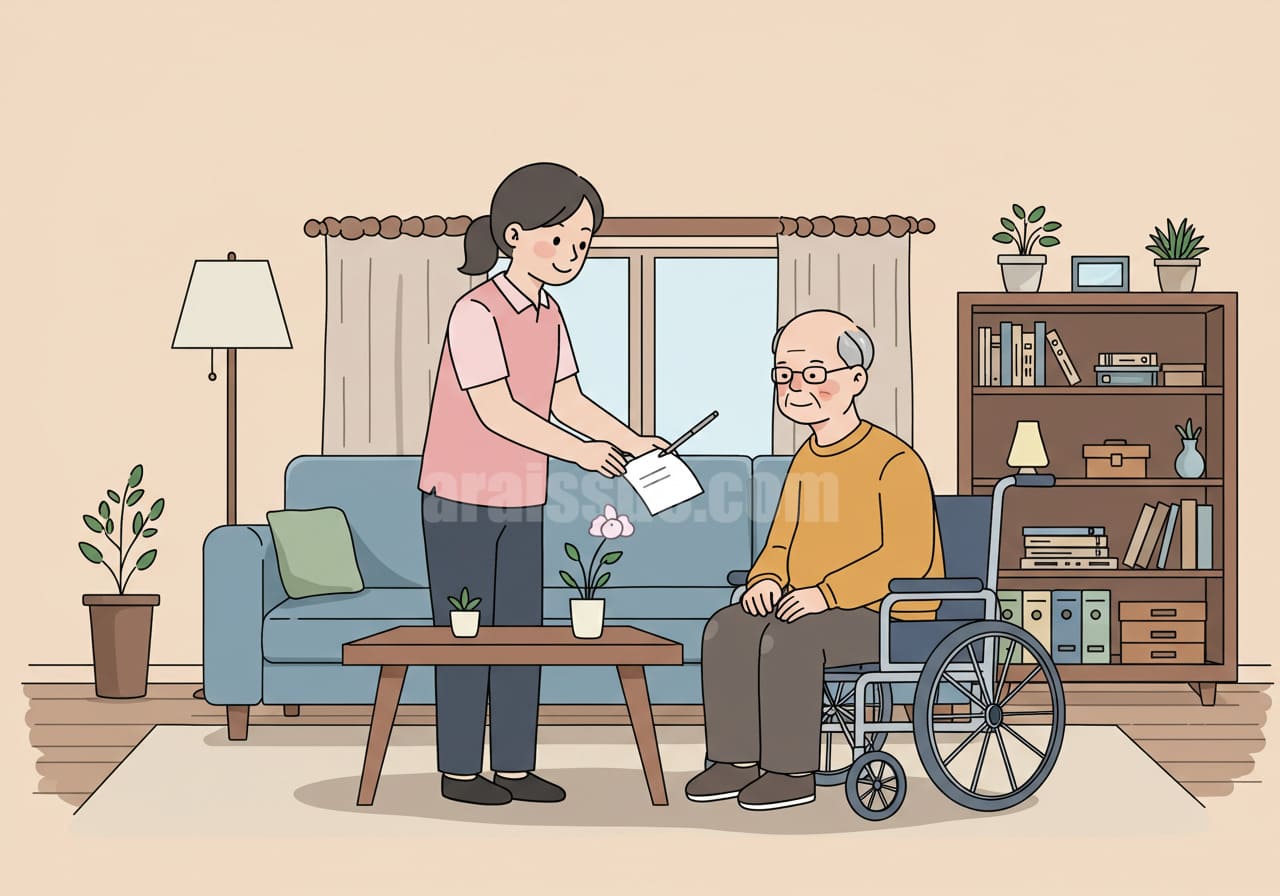 한국 노년 남성이 가정에서 요양보호사로부터 돌봄을 받는 장면. 실내 배경은 소파, 책장, 조명 등으로 가득 차 있으며, 따뜻하고 안정적인 분위기의 일상적인 요양 환경을 표현.