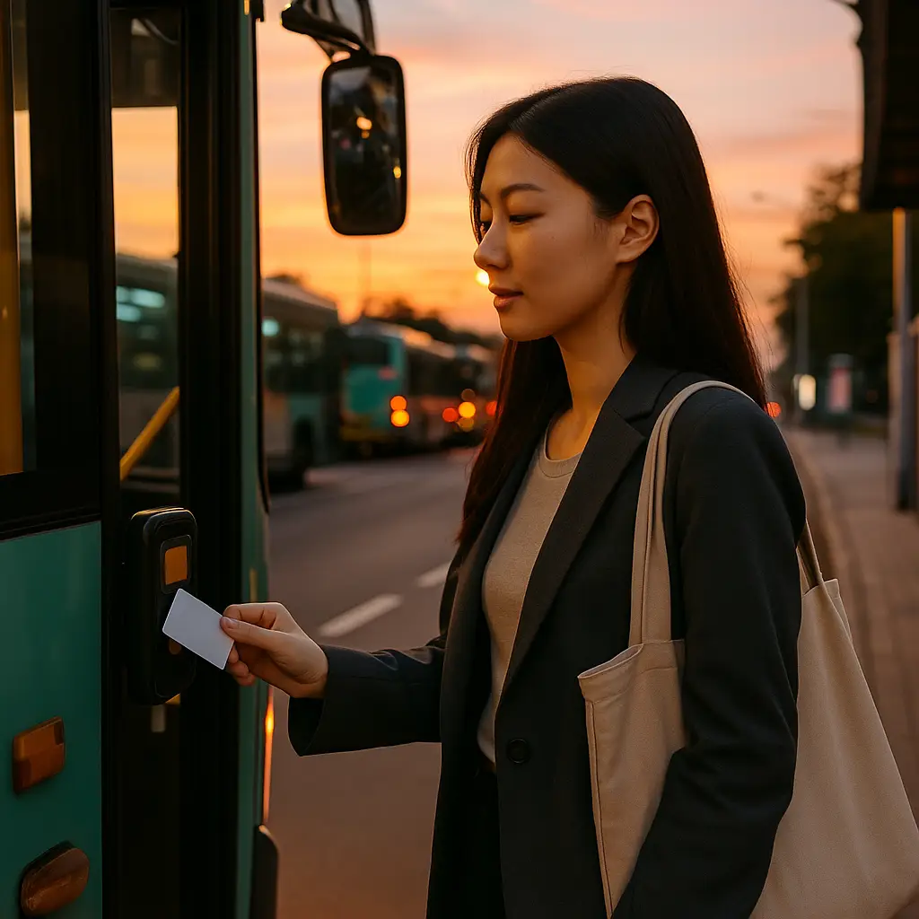 서울 버스 정류장에서 교통카드를 찍고 탑승하는 청년 여성